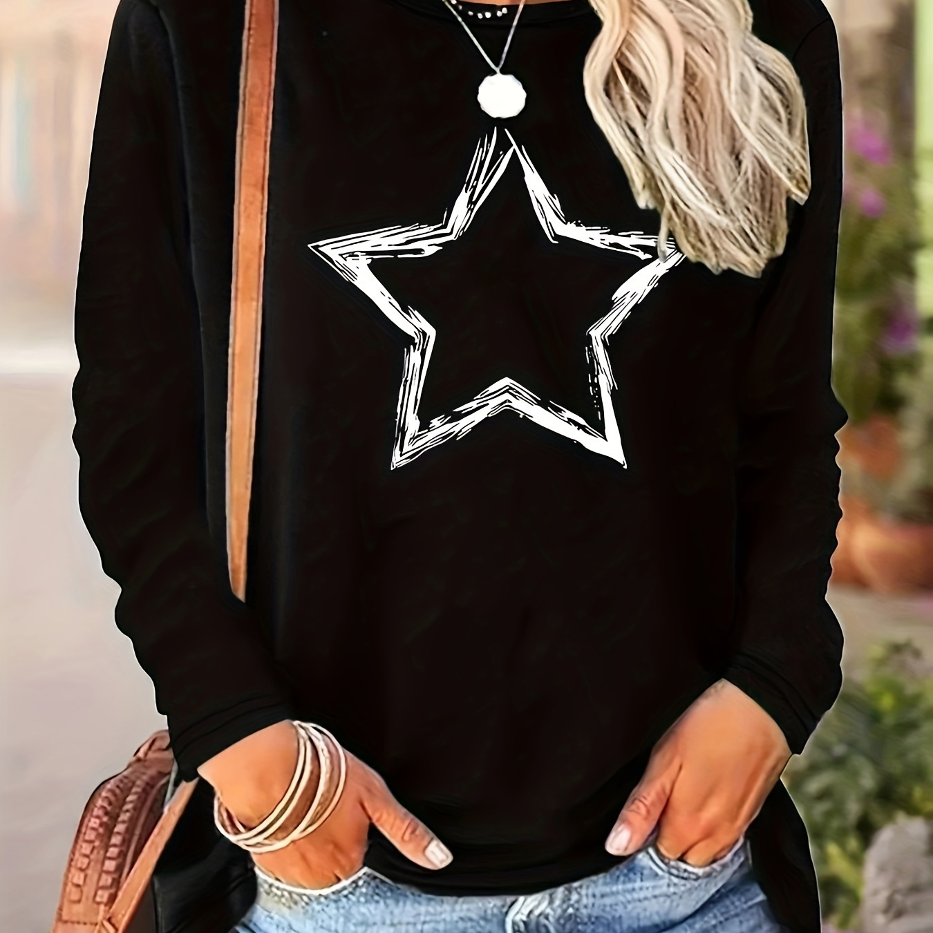 

Women's Casual Long Sleeve Crew Neck T-shirt With Geometric Star Print, Polyester Knit Fabric Blend, Regular Fit, Spring/autumn Tops