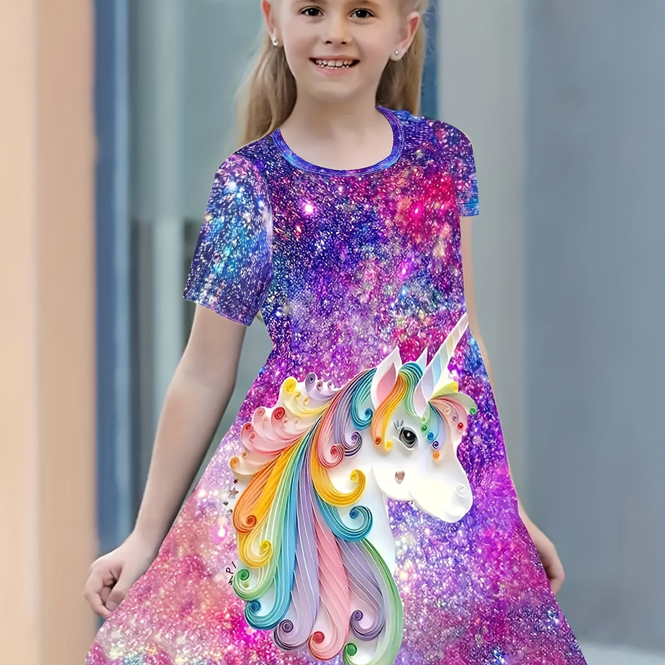 TEMU Girls Starry Unicorn Digital Print Round Neck Short Sleeve Party Casual Dress