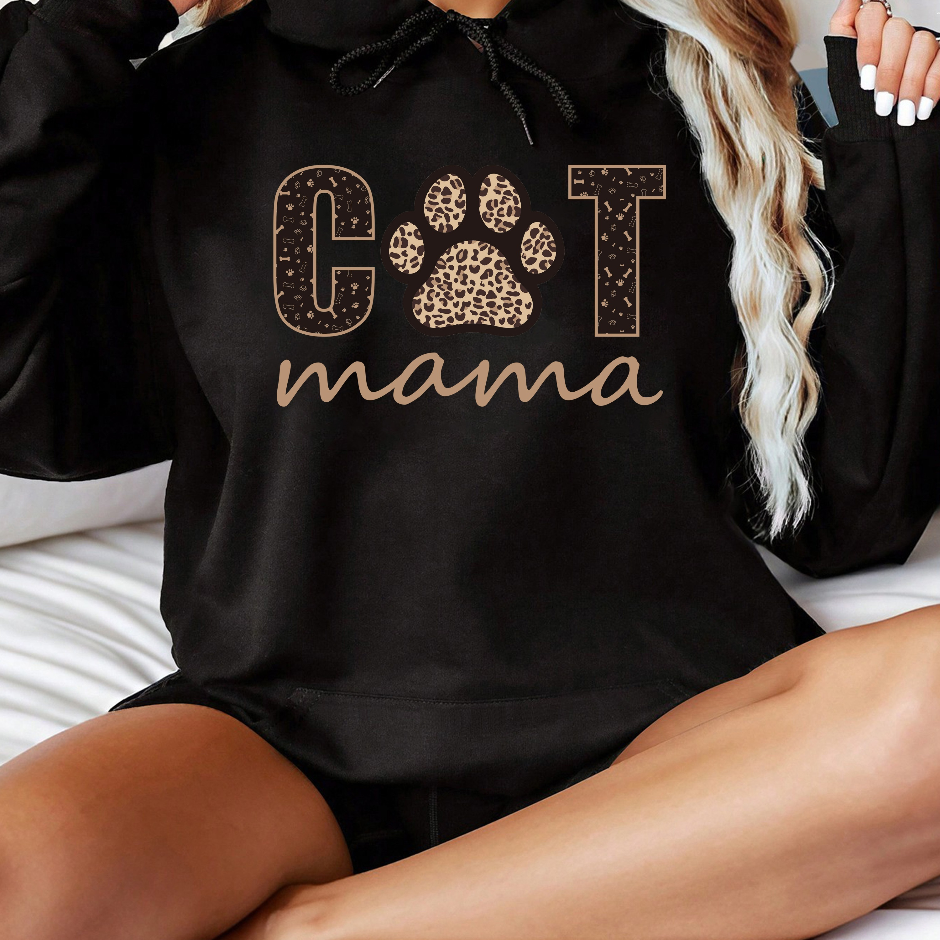 

Leopard Cat Paw Mama Print Hoodie, Casual Long Sleeve Kangaroo Pocket Drawstring Hoodie Sweatshirt, Women's Clothing