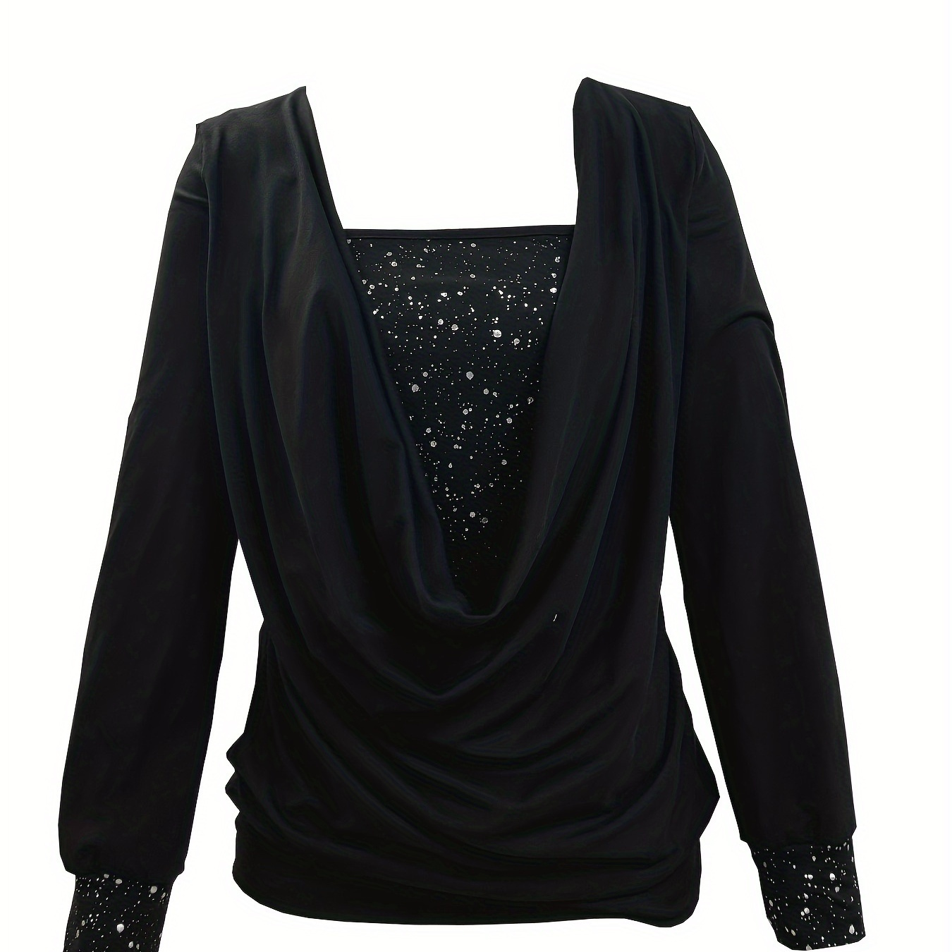 

Blouse Élégante Noire à Manches Longues pour Femme avec Imprimé Doré et Plis Drapés - Polyester, Lavable en Machine, Style Col Tour