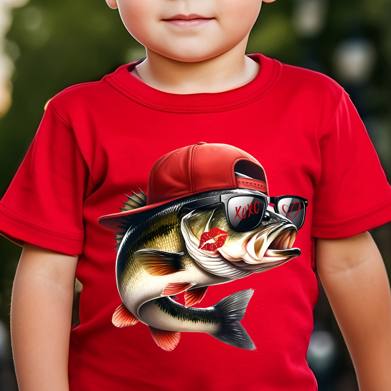 

Chicfull Boys' Valentine's Day T-shirt With Red Hat & Fish Print - Casual Round Neck, Soft Polyester, Machine Washable - Spring/summer