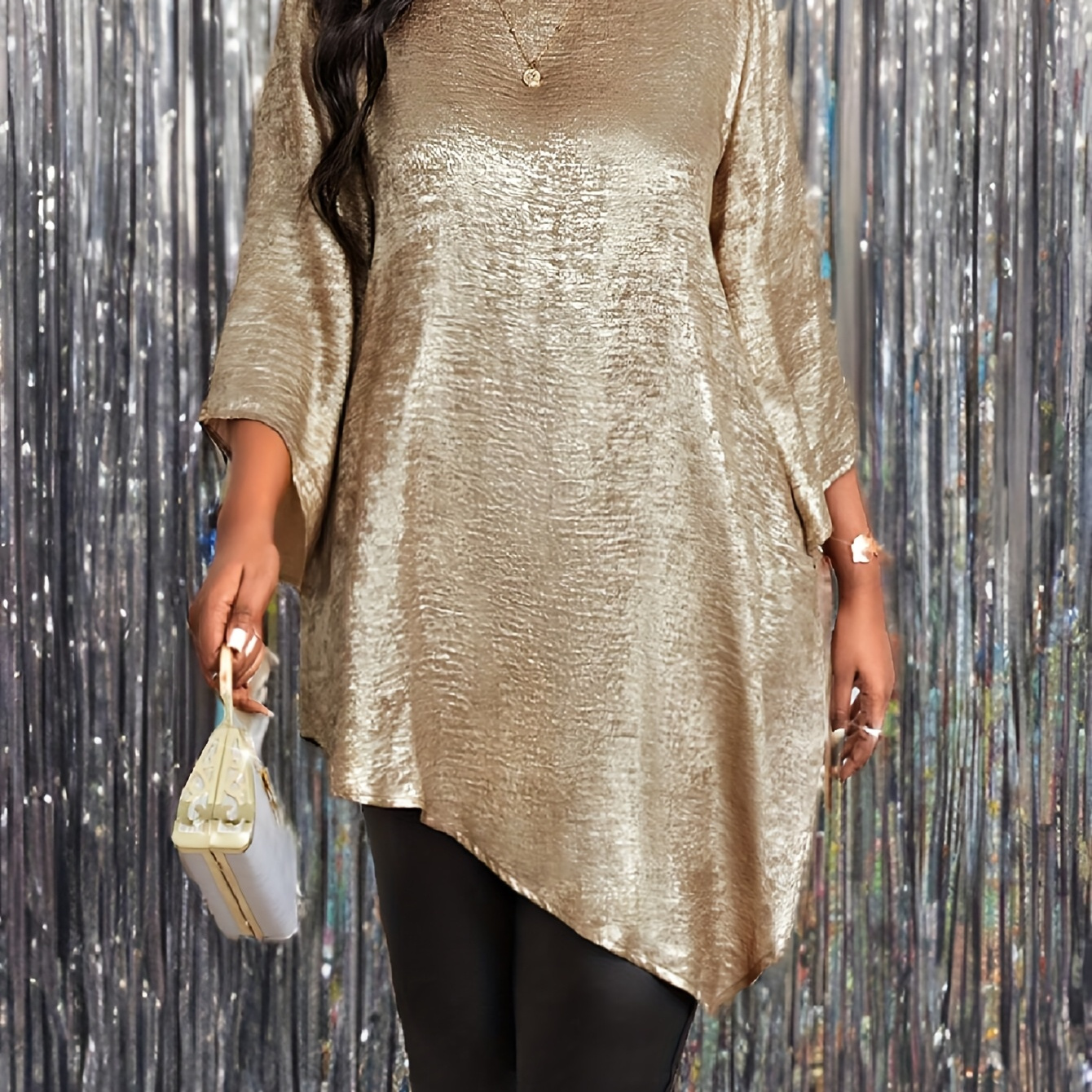 

Elegant Golden Metallic Asymmetrical Hem Shirt With Round Neck And Flared Sleeves - Polyester, Machine Washable - Valentine's Day And New Year Parties