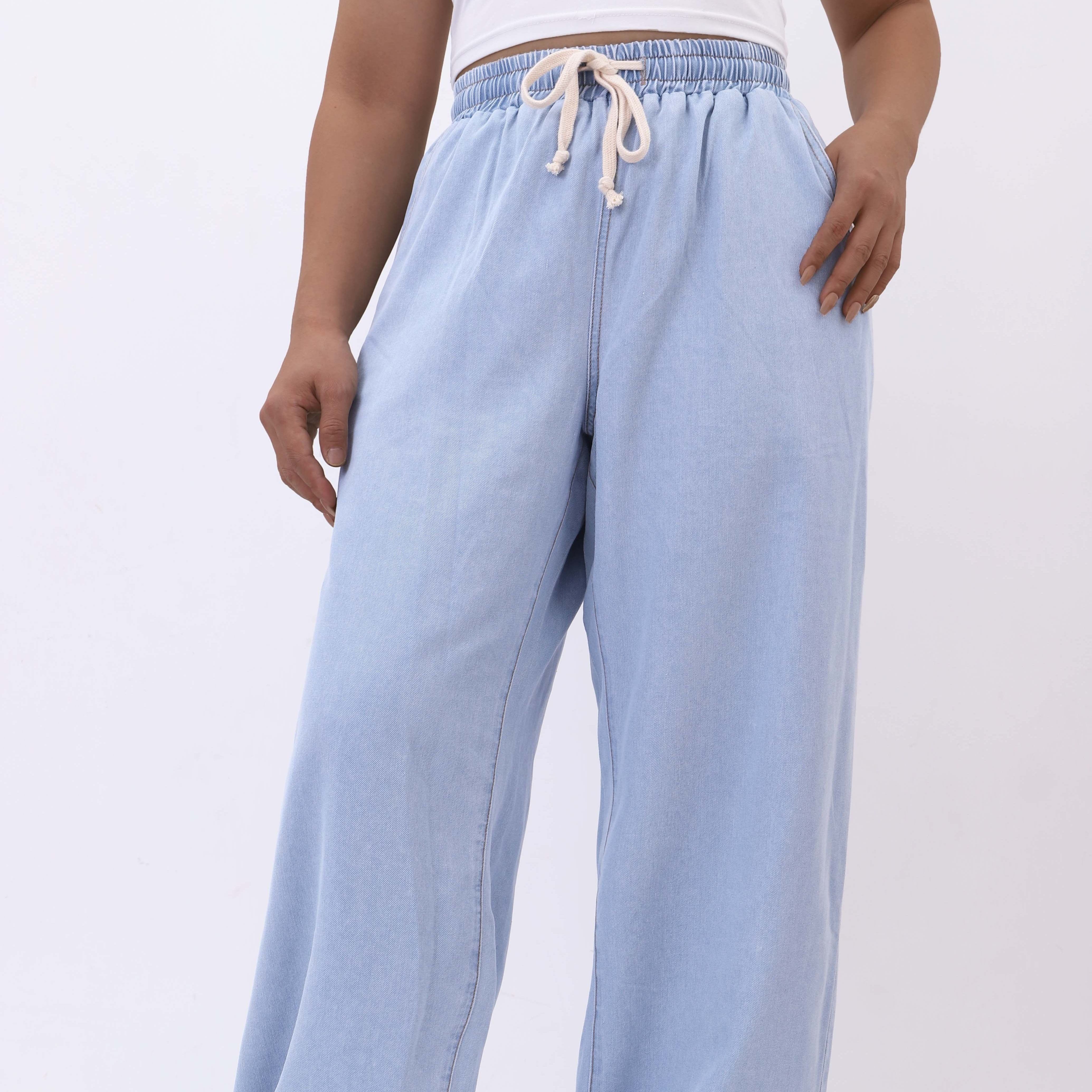 

Women's Plus Size Light Blue Denim Wide-leg Pants, Casual Style, Elastic Waist With Drawstring, Relaxed Fit Jean Trousers For Fall