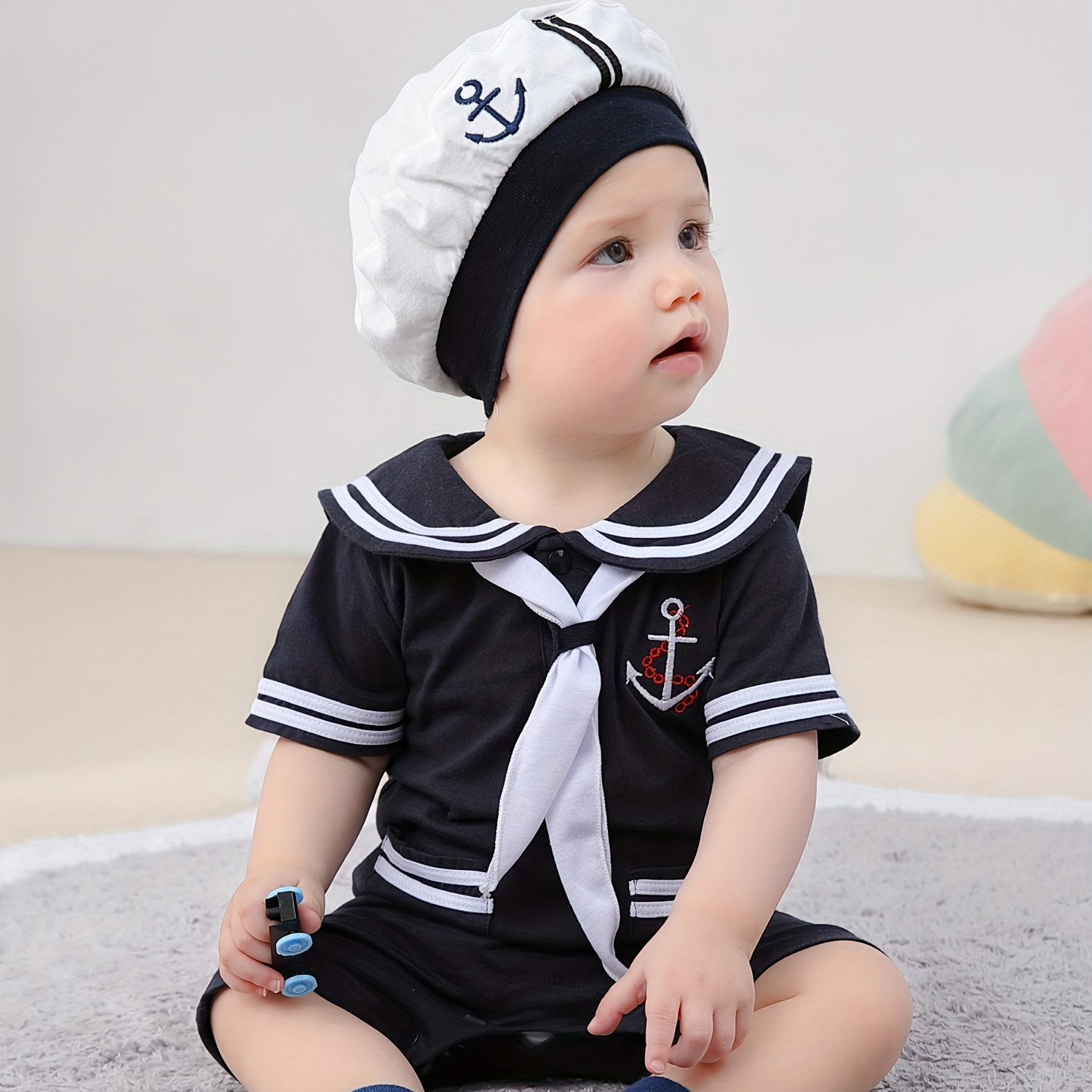 

Cute Baby Boys Cotton Sailor Clothing - Cartoon Anchor Embroidered Bodysuit & Hat Set, Creative Short Sleeve Romper, Toddler & Infant Boy's Clothing, As Gift
