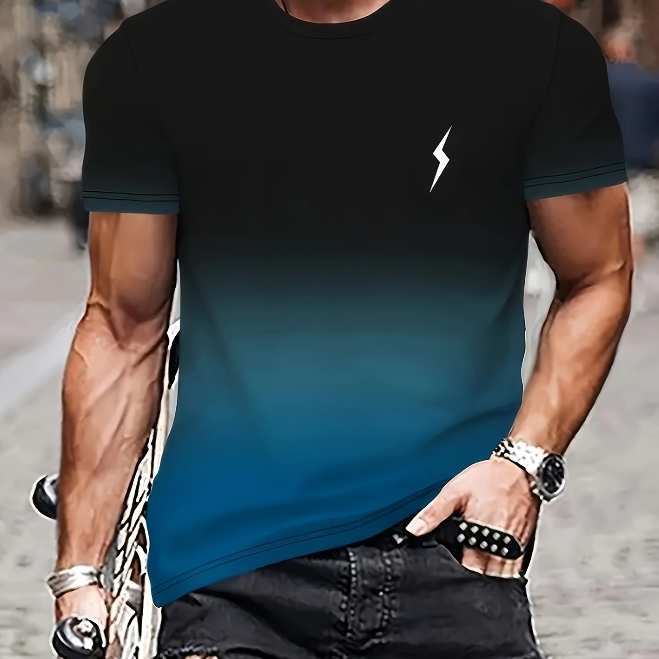 

Gradient Color And Graphic Pattern T-shirt With Crew Neck And Short Sleeve, Casual And Chic Tops For Men's Summer Outdoors Wear
