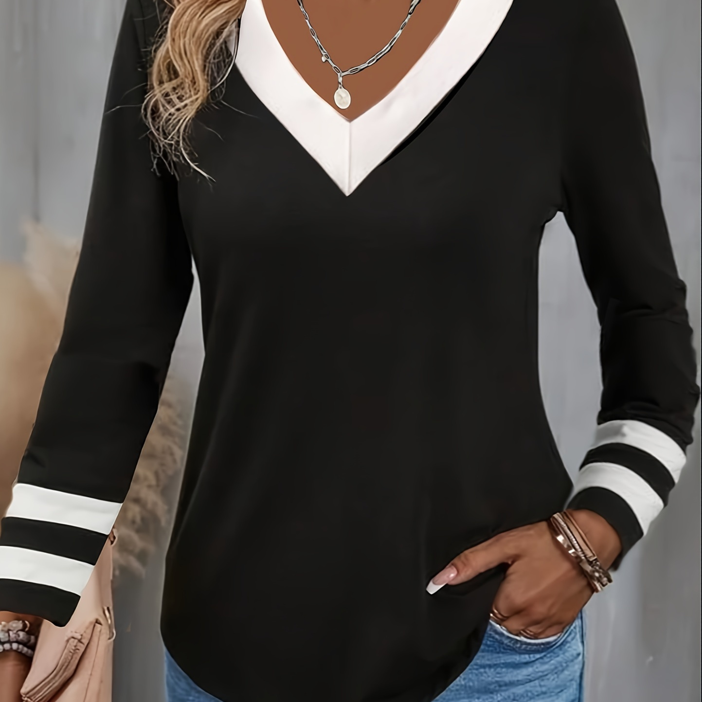 

Long Sleeve T-shirt, Casual V Neck Top For Spring & Fall, Women's Clothing