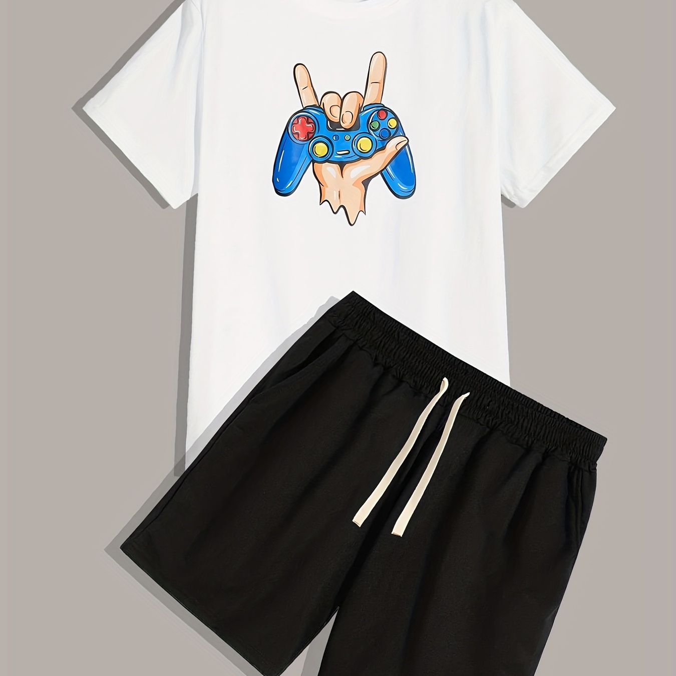 

Game Pad, Men's 2pcs, Short Sleeve Round Neck T-shirt And Drawstring Shorts Set