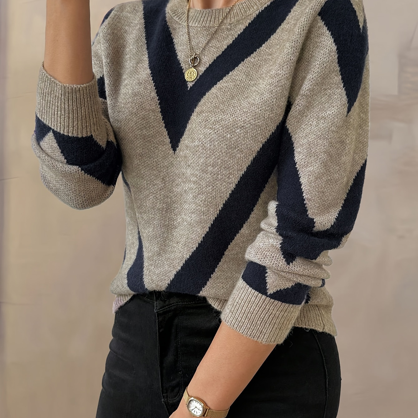 

1pc Women's Casual Geometric-pattern Crew Neck Knit Sweater, Polyester Pullover Top For All