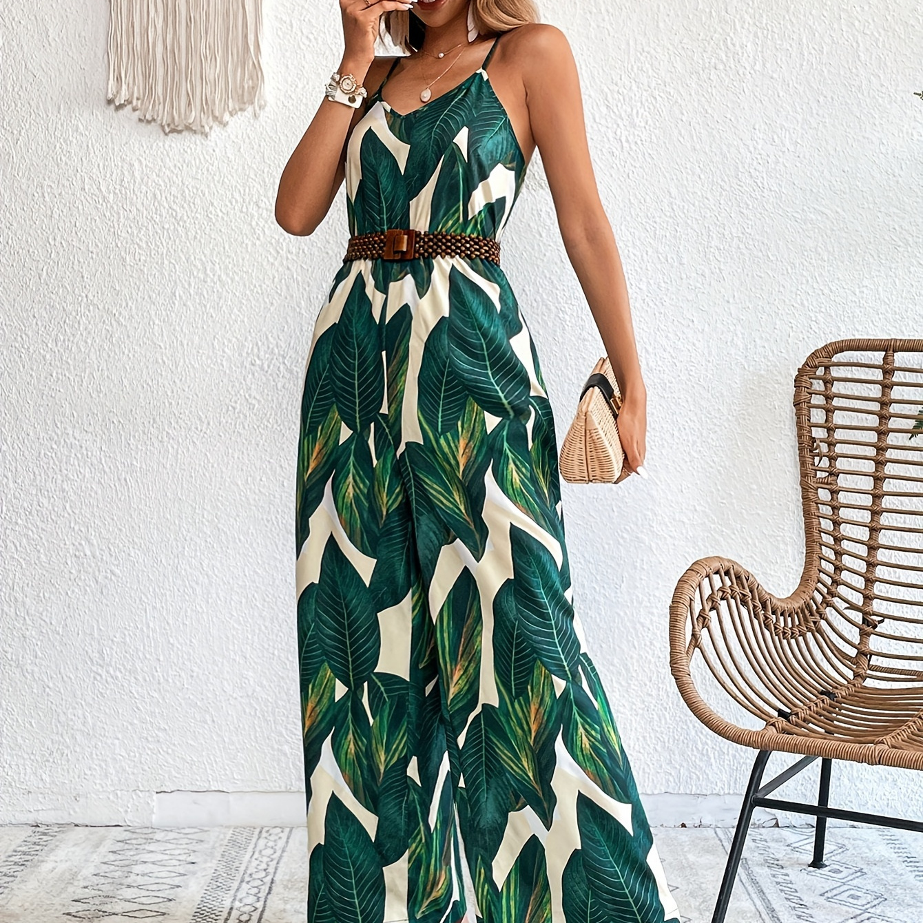 

Tropical Print Spaghetti Strap Jumpsuit, Vacation Style Sleeve Wide Leg Jumpsuit For Spring & Summer, Women's Clothing