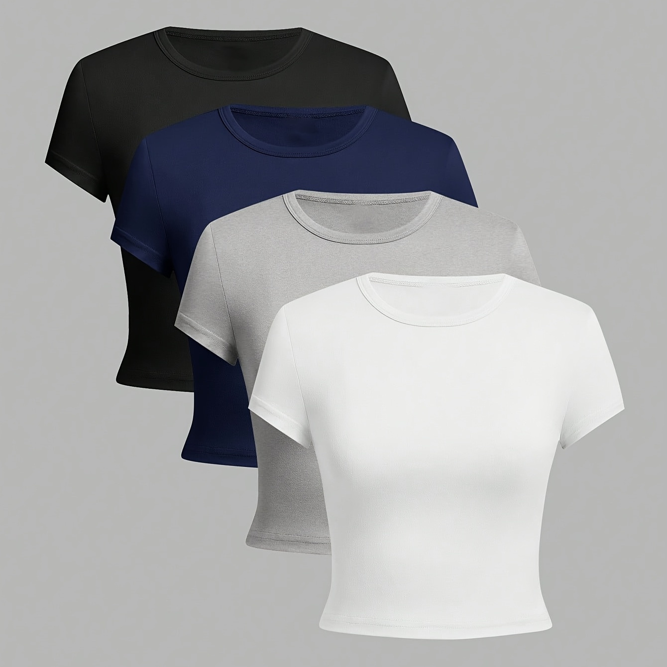 

4-pack Elegant Women's T-shirts - Polyester 95%, Elastane 5% - Crew Neck, Solid Color, Short Sleeve, Knit Fabric, Slim