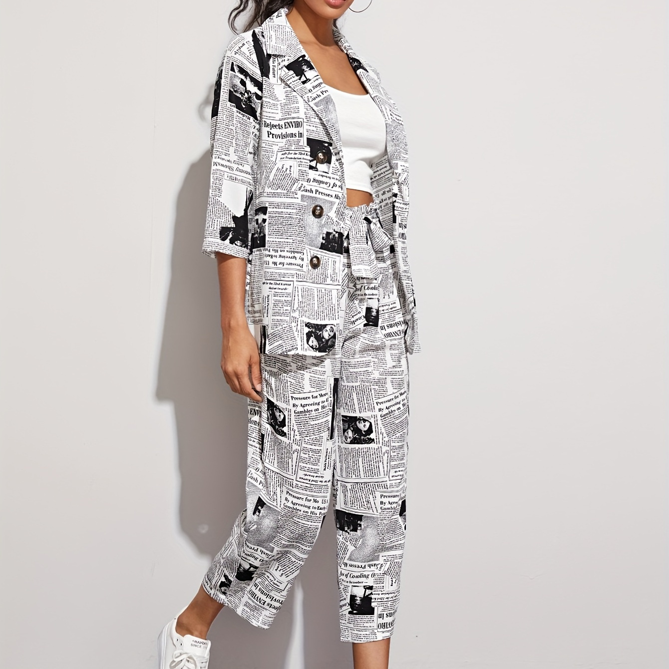 

Stylish Newspaper Print 2 Piece, Button Front Lapel Neck & Drawstring Waist Pants, Women's Clothing