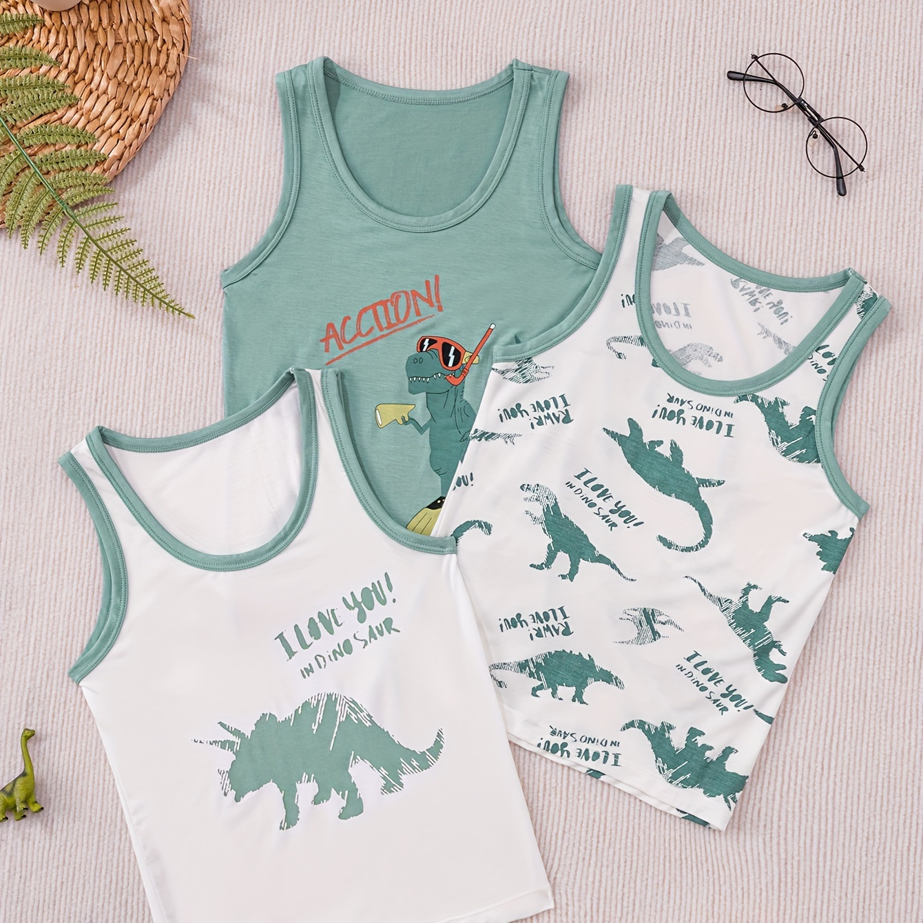

3pcs Cartoon Dino Pattern Cute Vest For Boys, 100% Cotton Comfortable Breathable Casual Soft Summer Tank Top