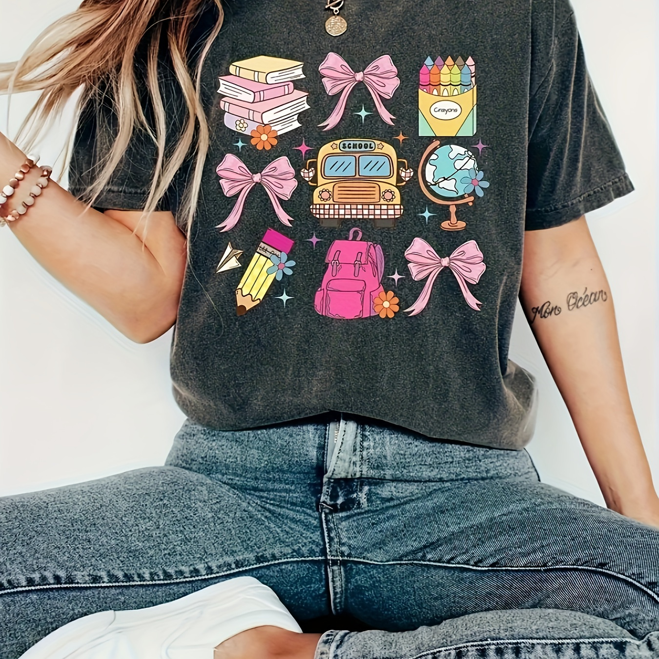 

Back To - Books, Pencils - Printed Round Neck T-shirt - Casual Daily - Soft And Comfortable - Women's Top