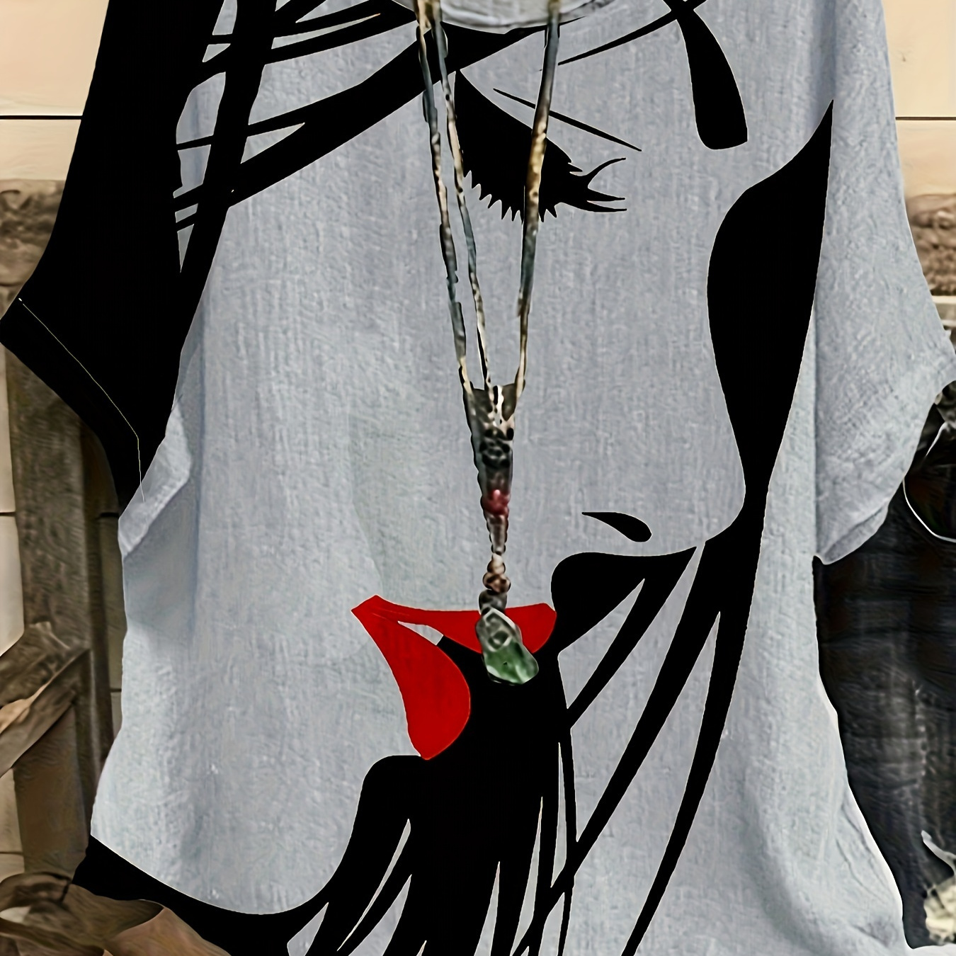 

Figure Print Crew Neck Blouse, Casual Short Sleeve Top For Spring & Summer, Women's Clothing