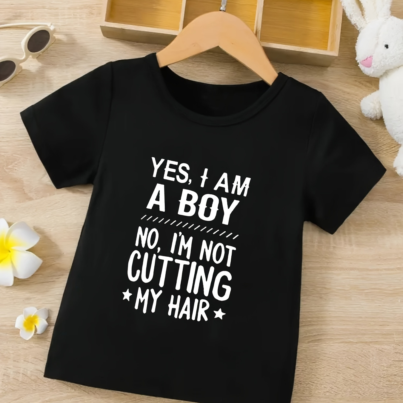 

Boys' Casual Short-sleeve T-shirt, "yes, I Am A Boy No, I'm Not Cutting My Hair" Fun Letter Print, Round Neck, Fashionable Spring/summer Tee, Gift For Boys