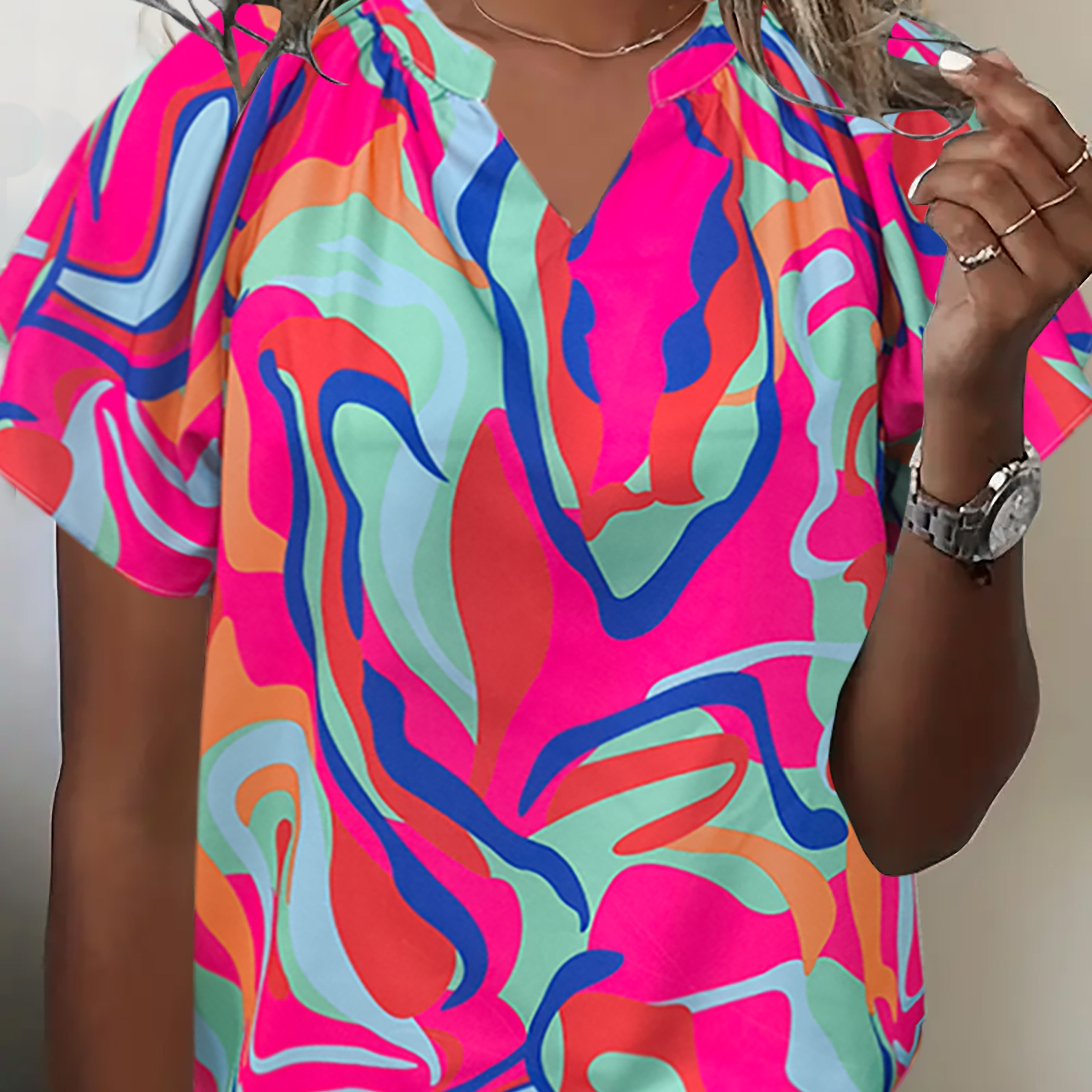 

Color Block Notched Neck Blouse, Casual Short Sleeve Blouse For Spring & Summer, Women's Clothing