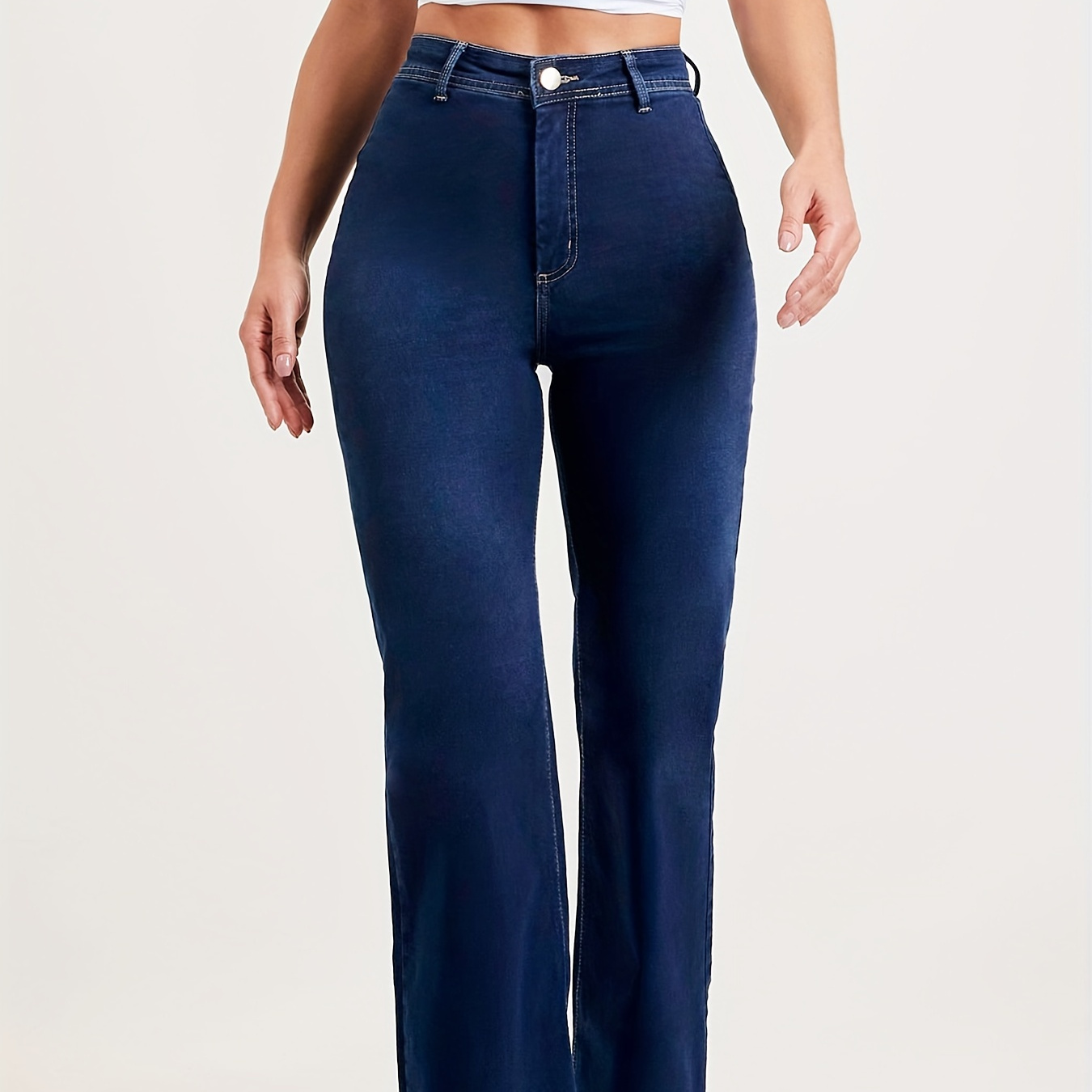 

Raw Hem Mid Rise Bootcut Denim Pants, Solid Color Navy Blue Medium Stretch Bell Bottoms Flare Jeans, Women's Denim Jeans & Clothing
