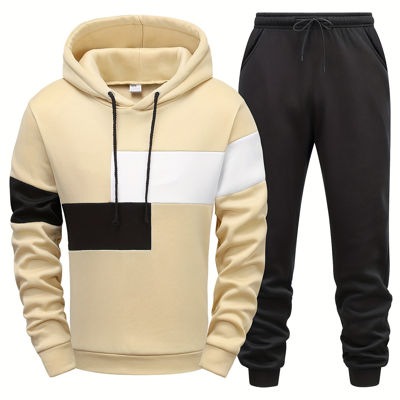 

2-piece Men's Spring Fall Sports Outfit Set, Men's Color Blocked Long Sleeve Hooded Sweatshirt & Solid Drawstring Sweatpants Set