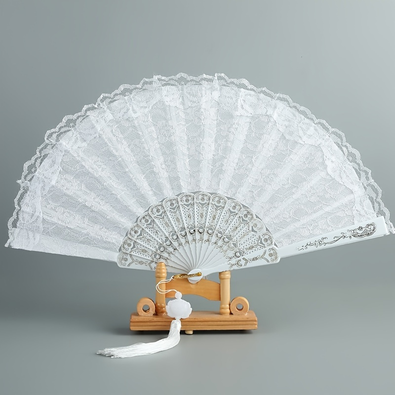 

1pc Luxury White Lace Folding Fan Double-layered Plastic Wedding Cosplay Party Home Decorative Fan Ancient Bride Hand Fan