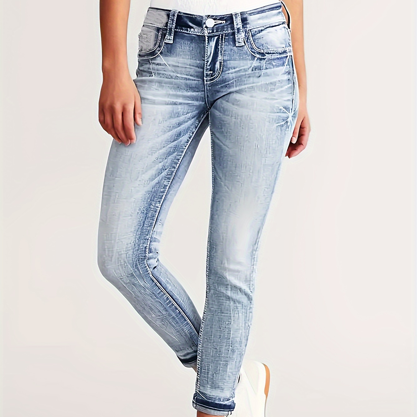 

Whiskering Washed Blue Slash Pocket Retro Style Stretchy Jeans Denim Pants, Women's Denim Jeans & Clothing For Autumn