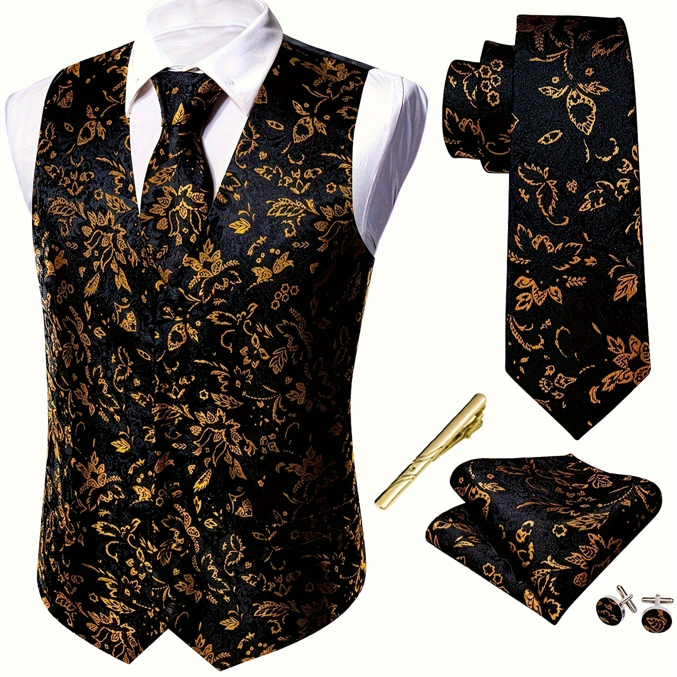

Plus Size Men's Black&golden Paisley Suit Vest Jacquard V-neck Waistcoat Tie Set 5pcs Formal/wedding Dress Vest