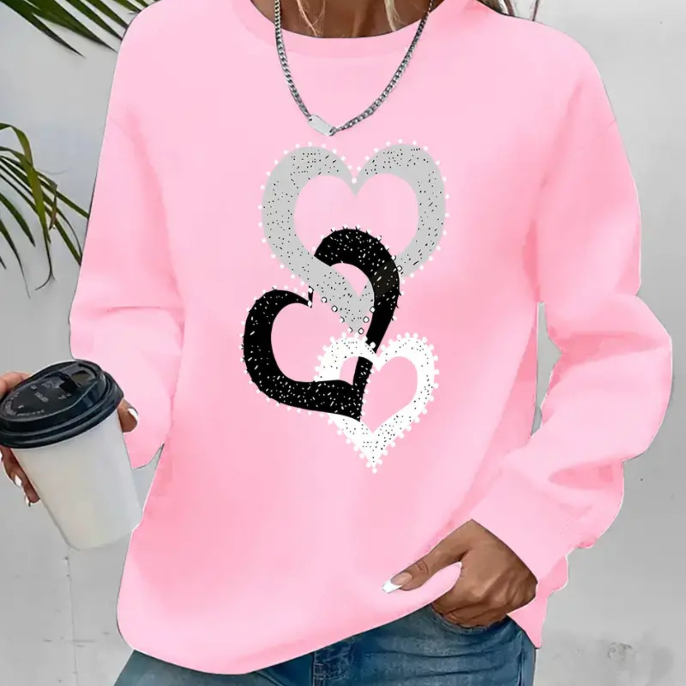 

Women's Large Size Casual Sweater With Interlocking Heart Pattern, Polyester Knit Fabric, Round Neck, Autumn And Winter Series