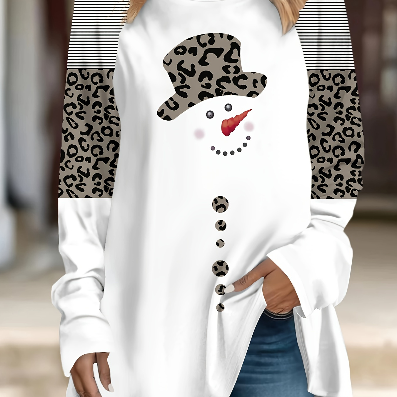 

1pc Yzh-fll Women's Casual Long Sleeve Tunic Top With Snowman Print, Polyester Knit, Round Neck, Fall/