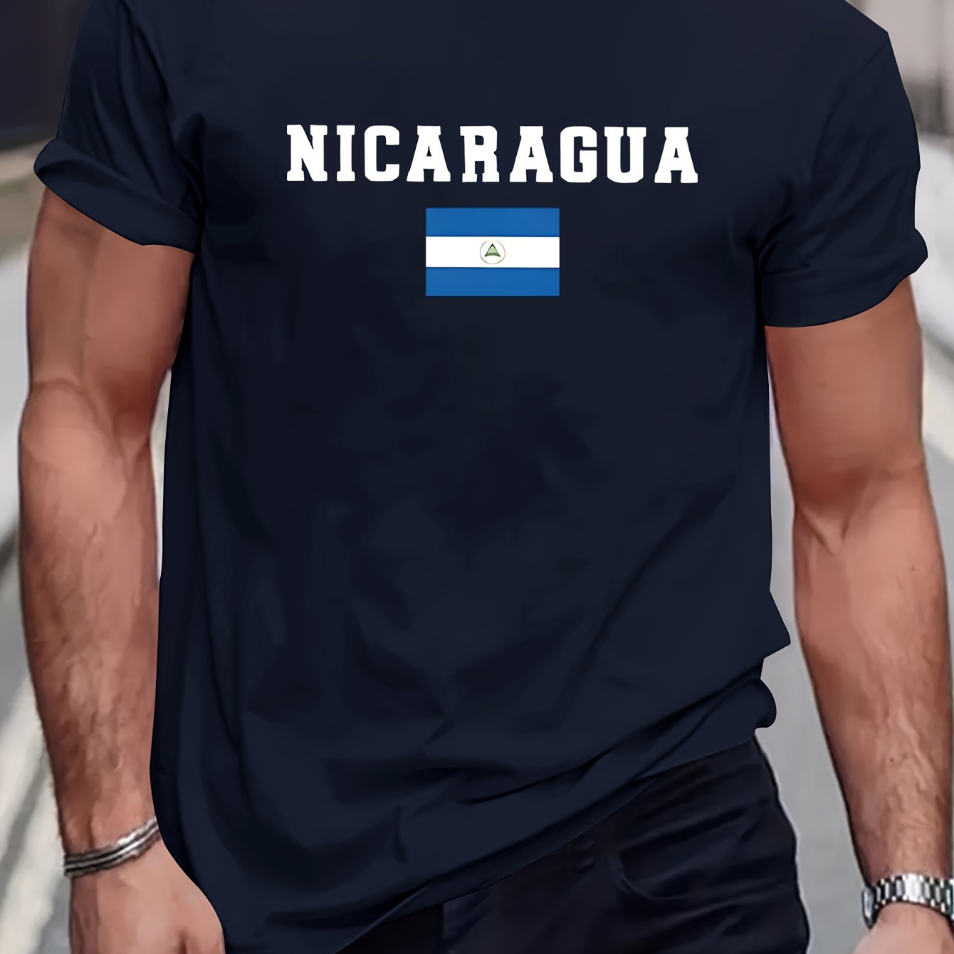 

Flag Of Nicaragua Print, Men's Round Crew Neck Short Sleeve Tee, Casual T-shirt, Casual Comfy Lightweight Top For Summer