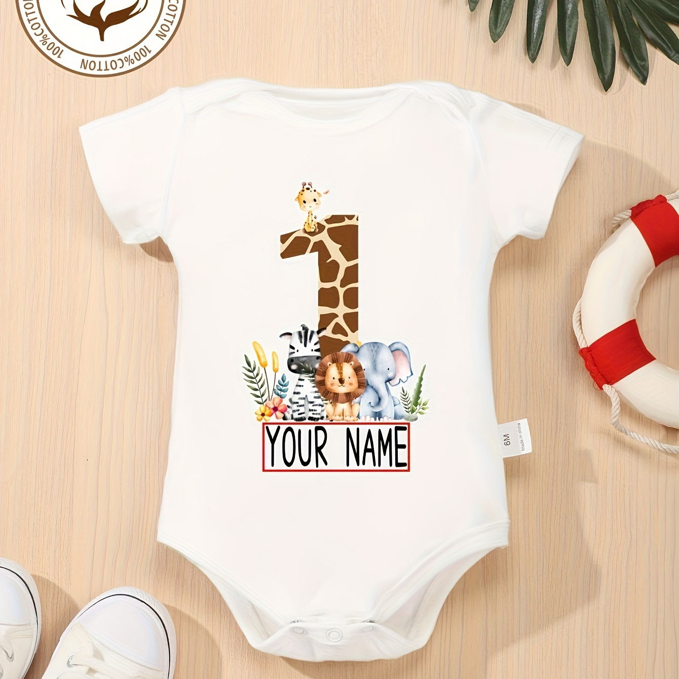 

Customized 100% Cotton Baby Onesies 1 Year Old......name Customization And Animals Plant Pattern Print Soft Fashion Round Neck