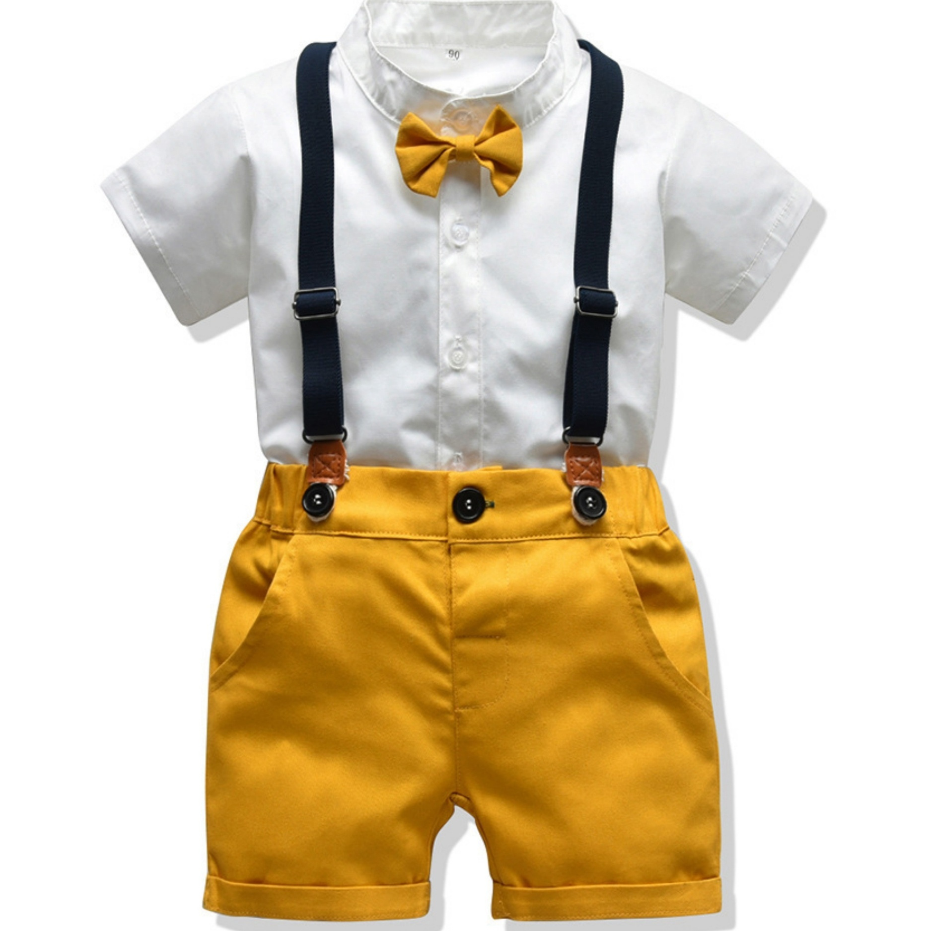 

95% Cotton 4pcs, Solid Color Collar Shirt + Shorts + Suspenders + Bow Tie Set For Boys, Comfortable Formal Dress Birthday Gift Host Wear