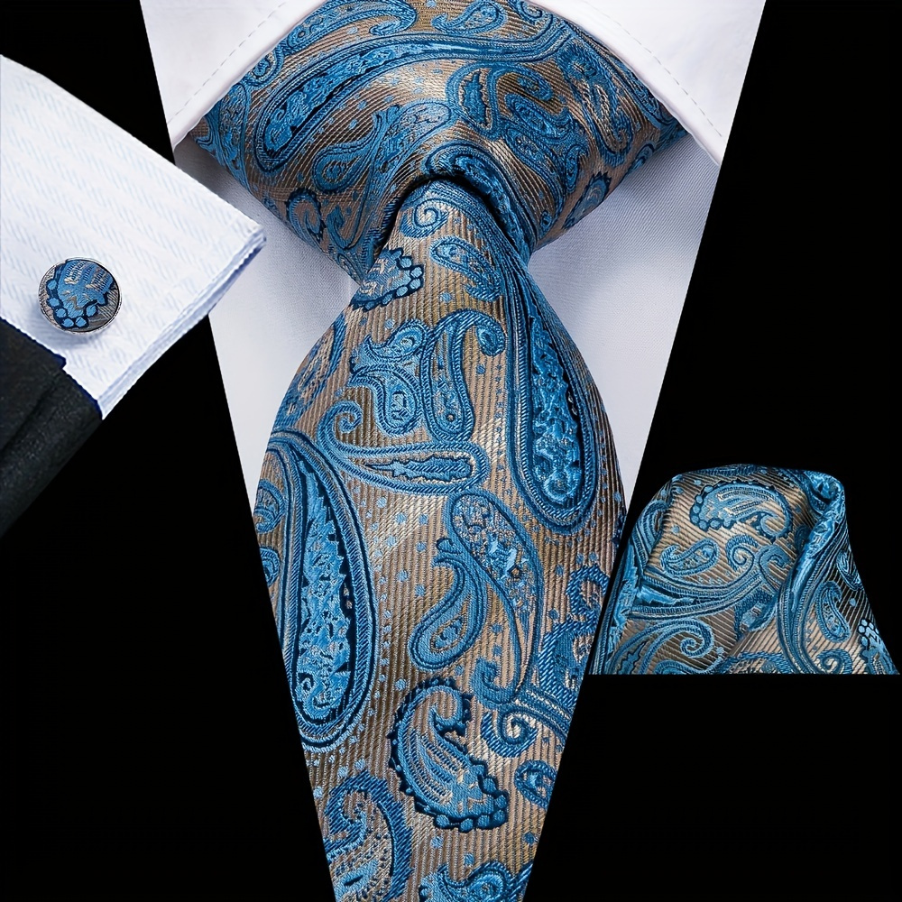 

Hi-tie Classic Blue Necktie Set For Men Tie, Fashion Trendy Tie Hanky Cufflink Business Party Wedding, Ideal Choice For Gifts