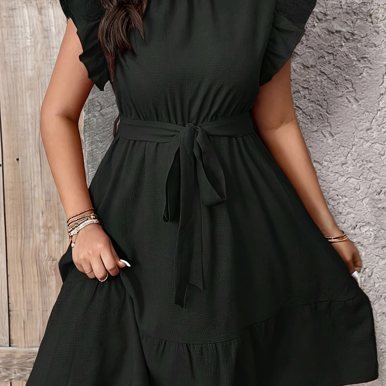 

Frill Neck Ruched Dress, Casual Ruffle Sleeve Belted Dress For Spring & Summer, Women's Clothing