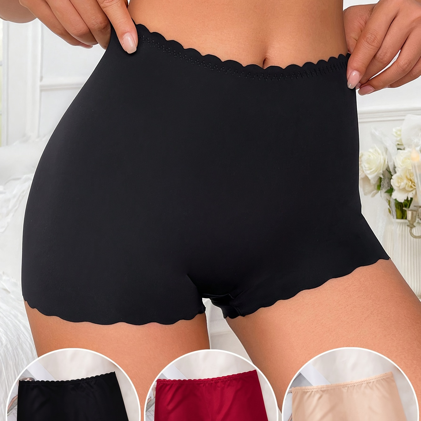

3 Pcs Simple Boyshort Panty, Plain Scallop Trim High Waisted Tummy Control Intimates Boxer Shorts, Women's Lingerie & Underwear