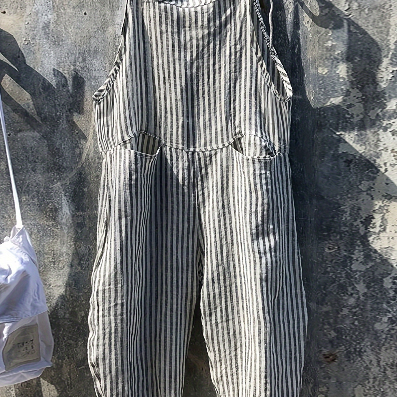 

Plus Size Casual Jumpsuit, Women's Plus Stripe Print Wide Leg Cami Overall Romper With Pockets