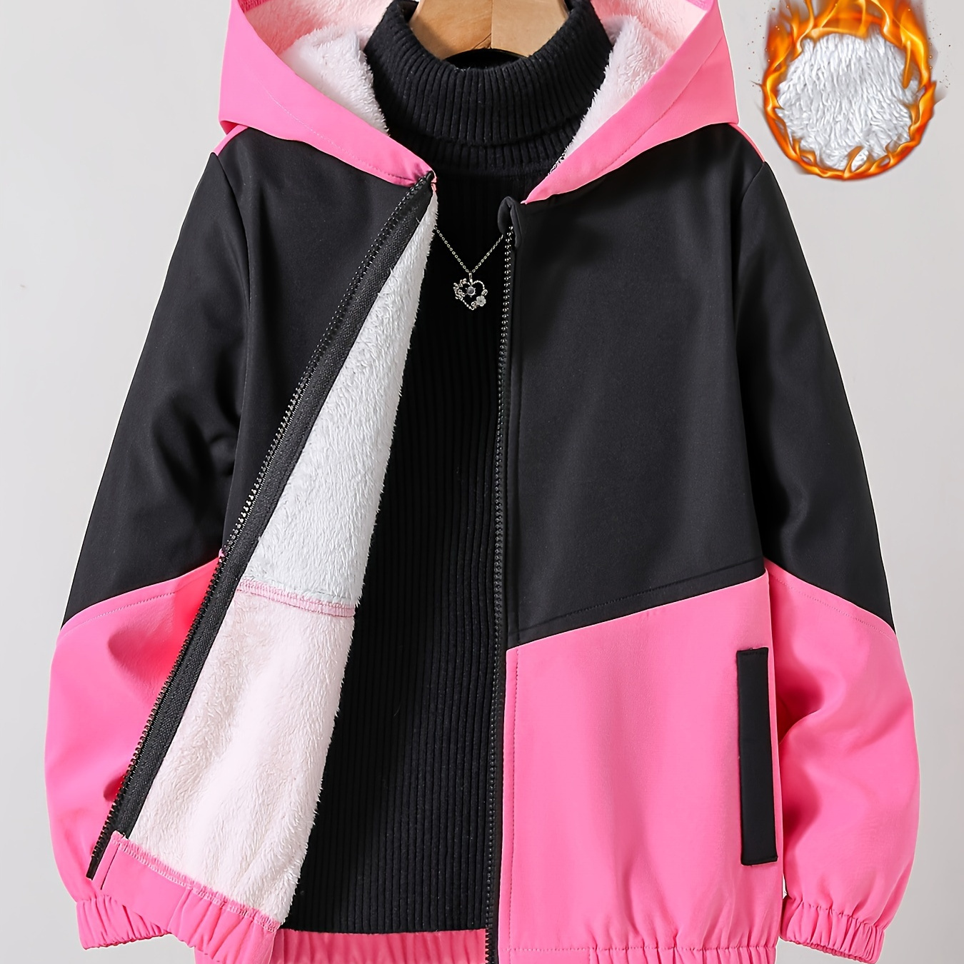 

Casual Hooded Fleece Jacket For Kids - Polyester 100%, Long Sleeve, Zippered, Warm Lined Coat For Outdoor Fall/winter - Regular Fit