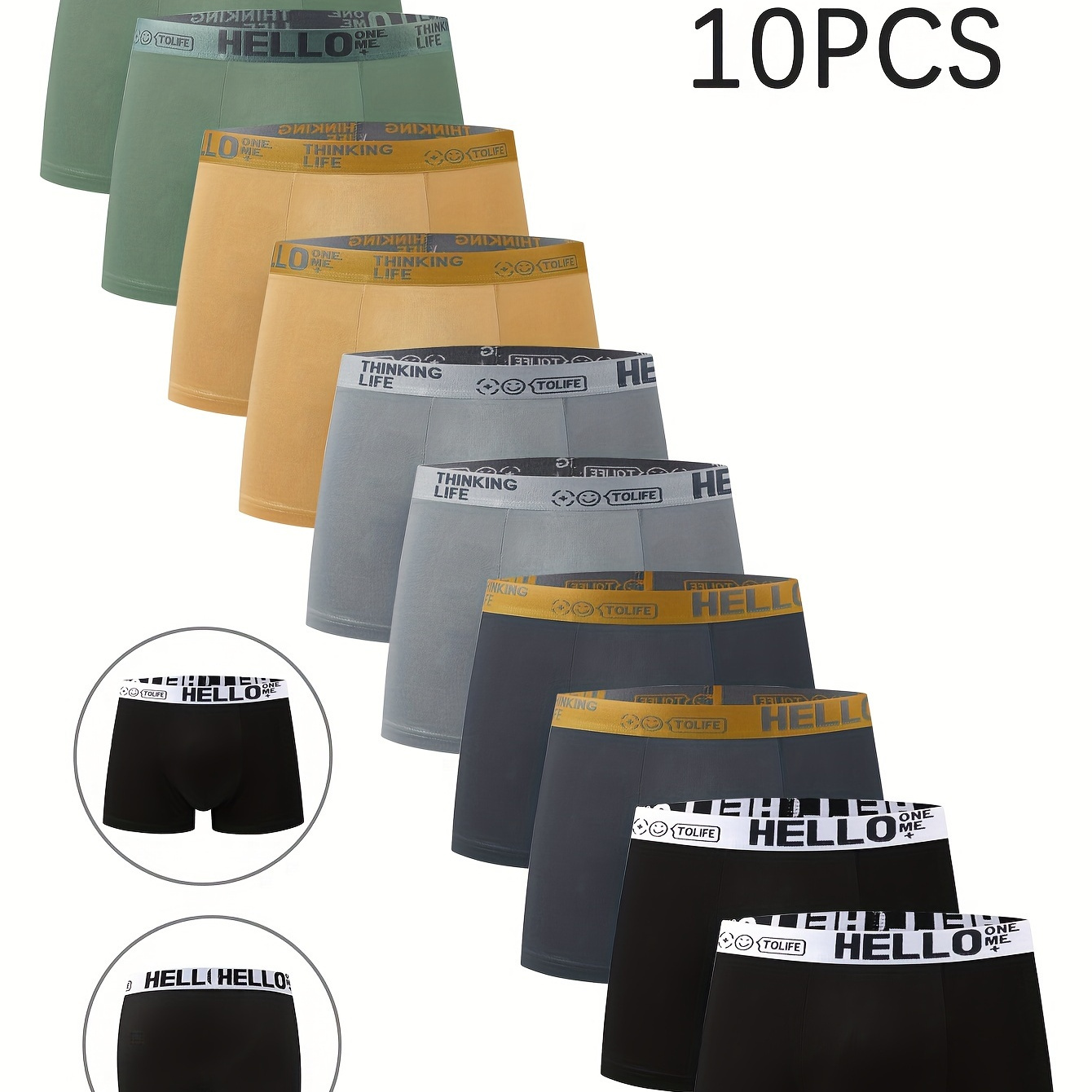 

10pcs 'hello' Print Men's Boxer Briefs - Breathable, Comfortable & Quick- Trunks With High Stretch