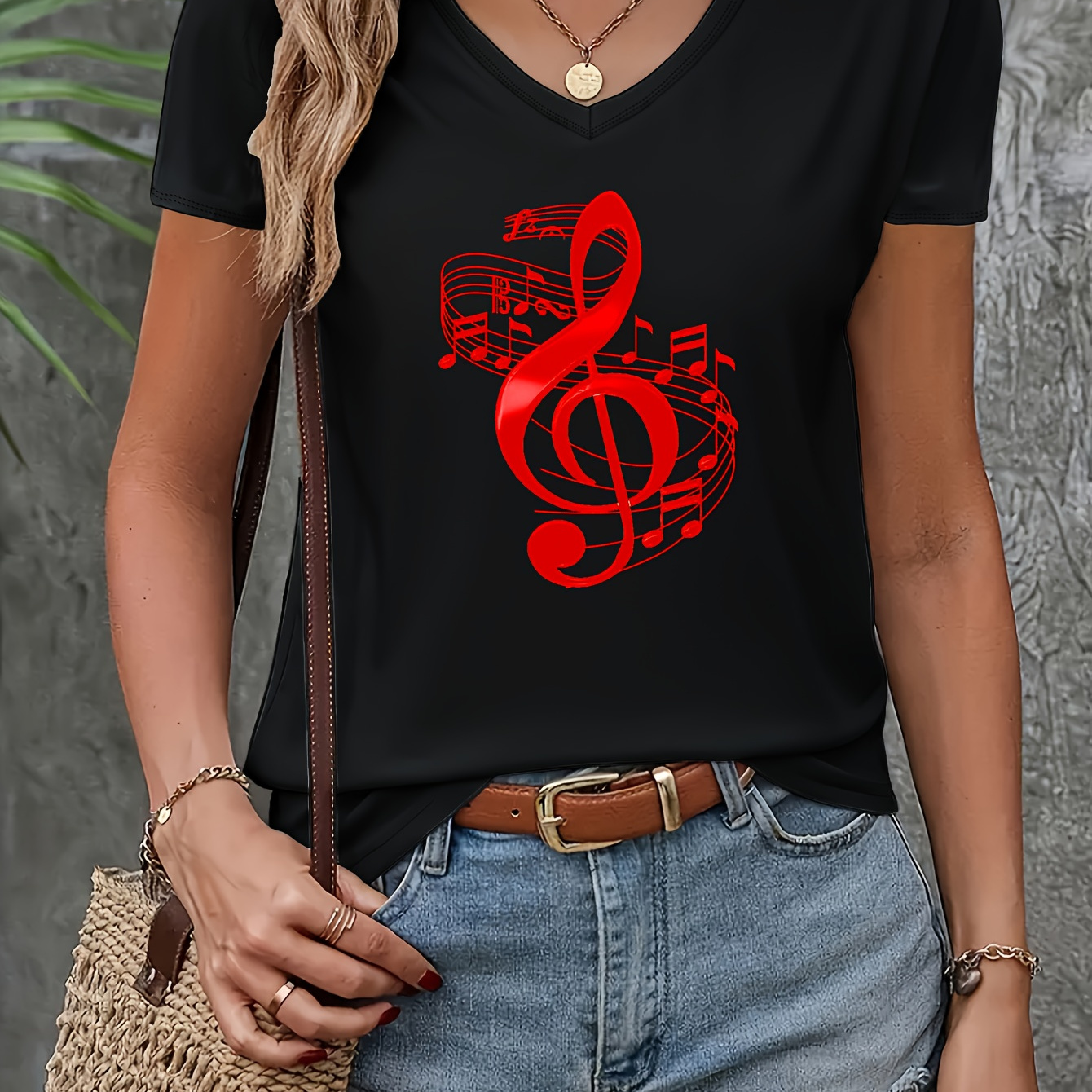 

Women's Summer V-neck T-shirt, Casual Music Notes Print Tee, Short Sleeve Sporty Top For Daily Wear