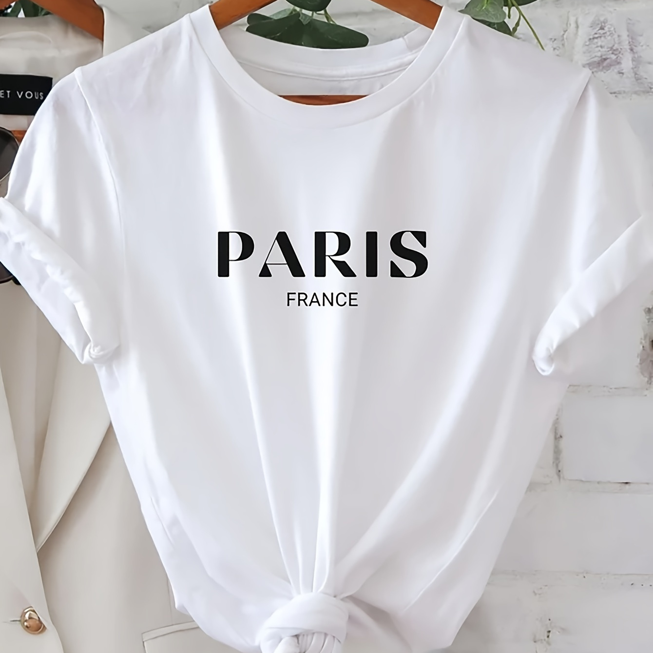 

Paris Print Crew Neck T-shirt, Short Sleeve Casual Top For Spring & Summer, Women's Clothing