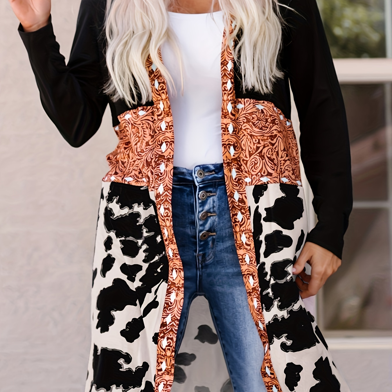 

Western Cow Print Open Front Cardigan, Casual Long Sleeve Cardigan For Spring & Fall, Women's Clothing