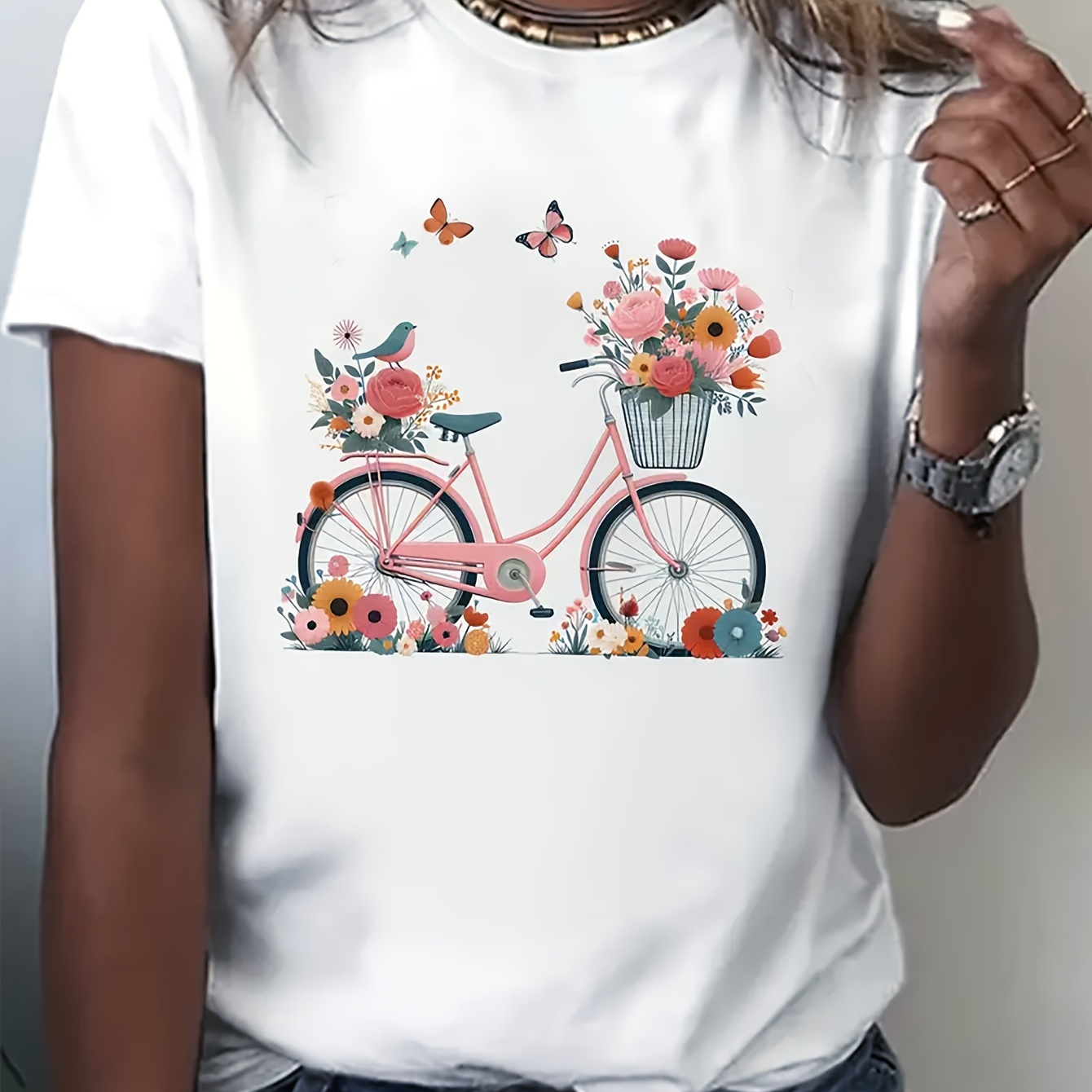 

Bike Floral Print T-shirt, Short Sleeve Crew Neck Casual Top For Summer & Spring, Women's Clothing