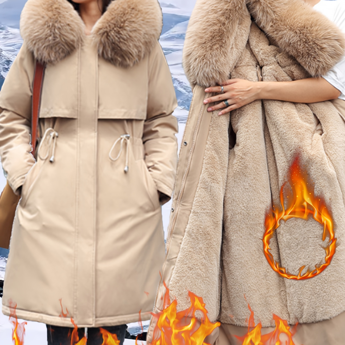 

Women's Elegant Parka With Detachable Fur Hood - Warm, Plush Lining, Mid-length Winter Coat With Drawstring Waist And Pockets, Ladies Winter Coats