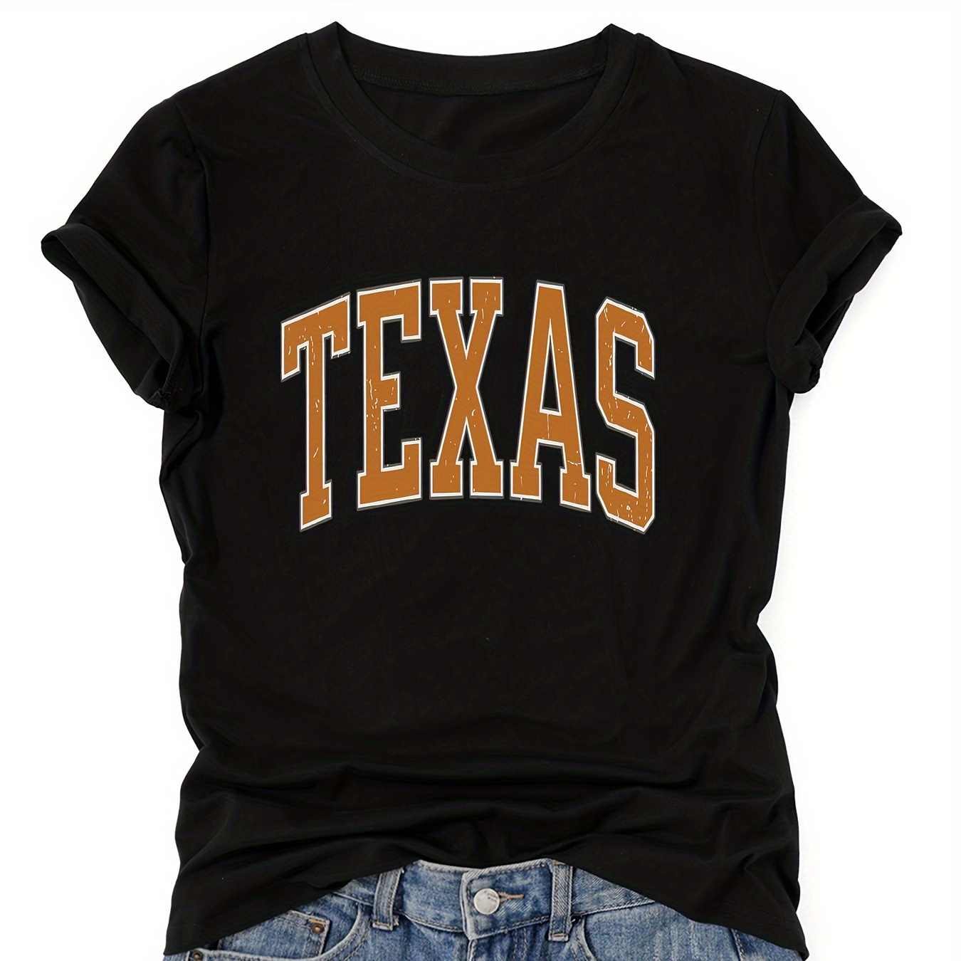 

Texas Letter Print T-shirt, Short Sleeve Crew Neck Casual Top For Summer & Spring, Women's Clothing