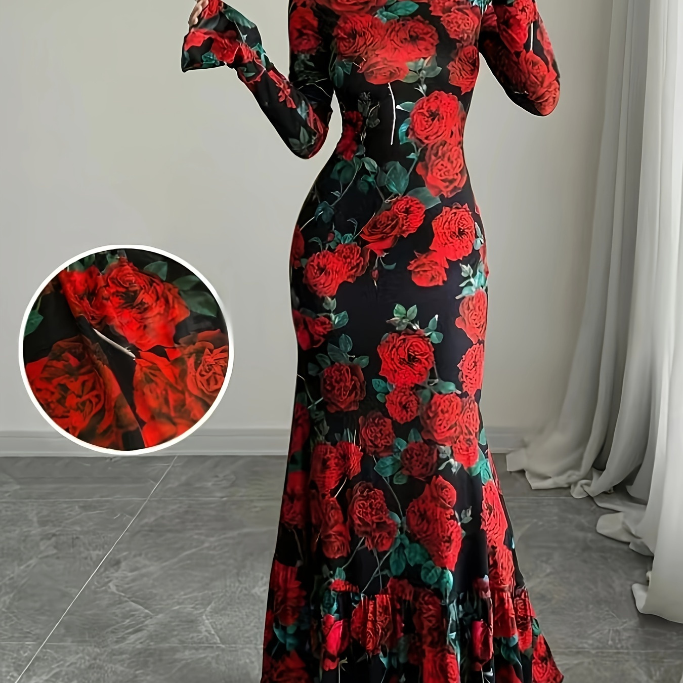 

1pc Elegant Floral Print Bodycon Dress For Women, Polyester 95% Elastane 5% Jersey Fabric, Crew Neck Long Sleeve Mermaid Floor-length Dress With Sleeves And Flared Hem