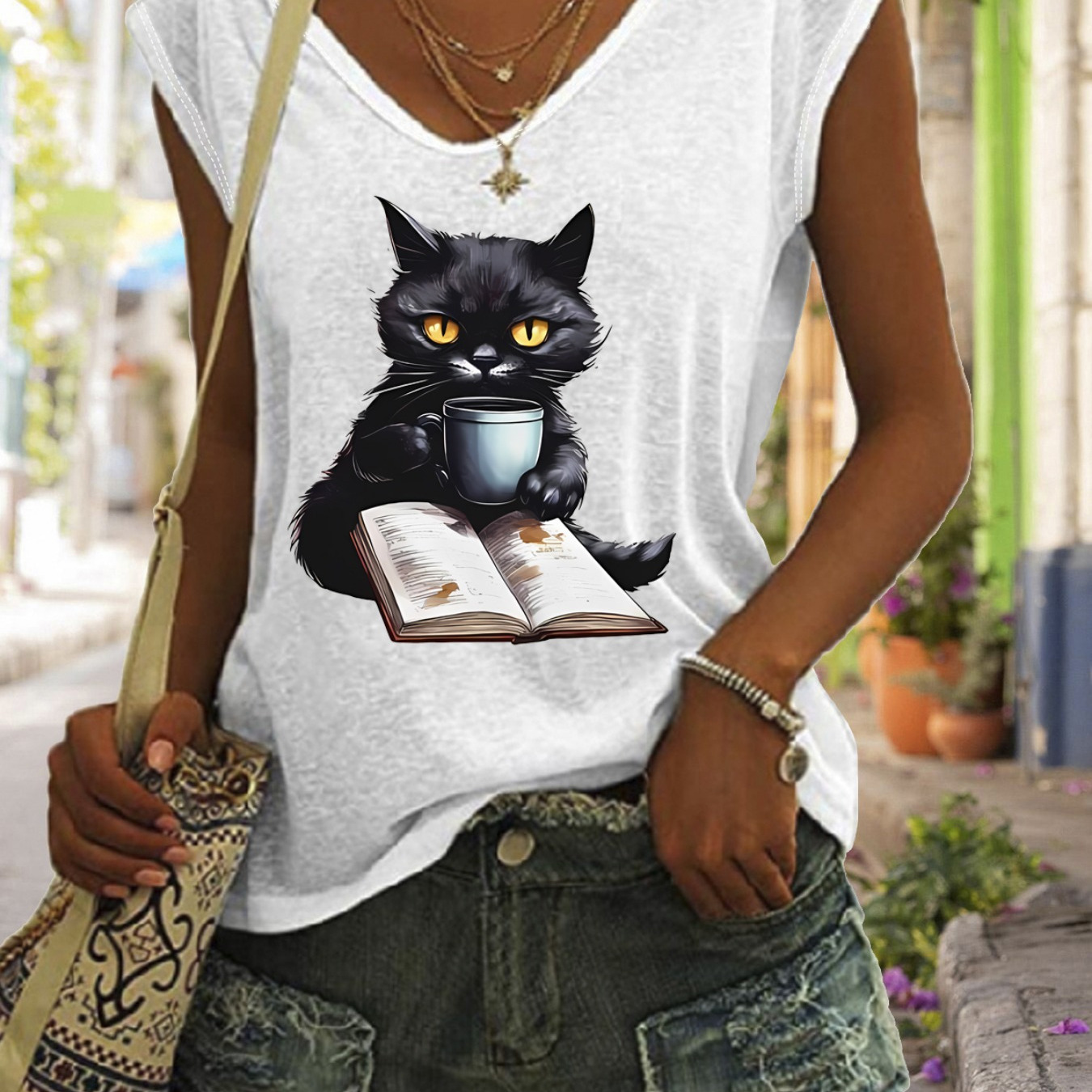 

Cat Print Cap Sleeve Top, Casual Top For Summer & Spring, Women's Clothing