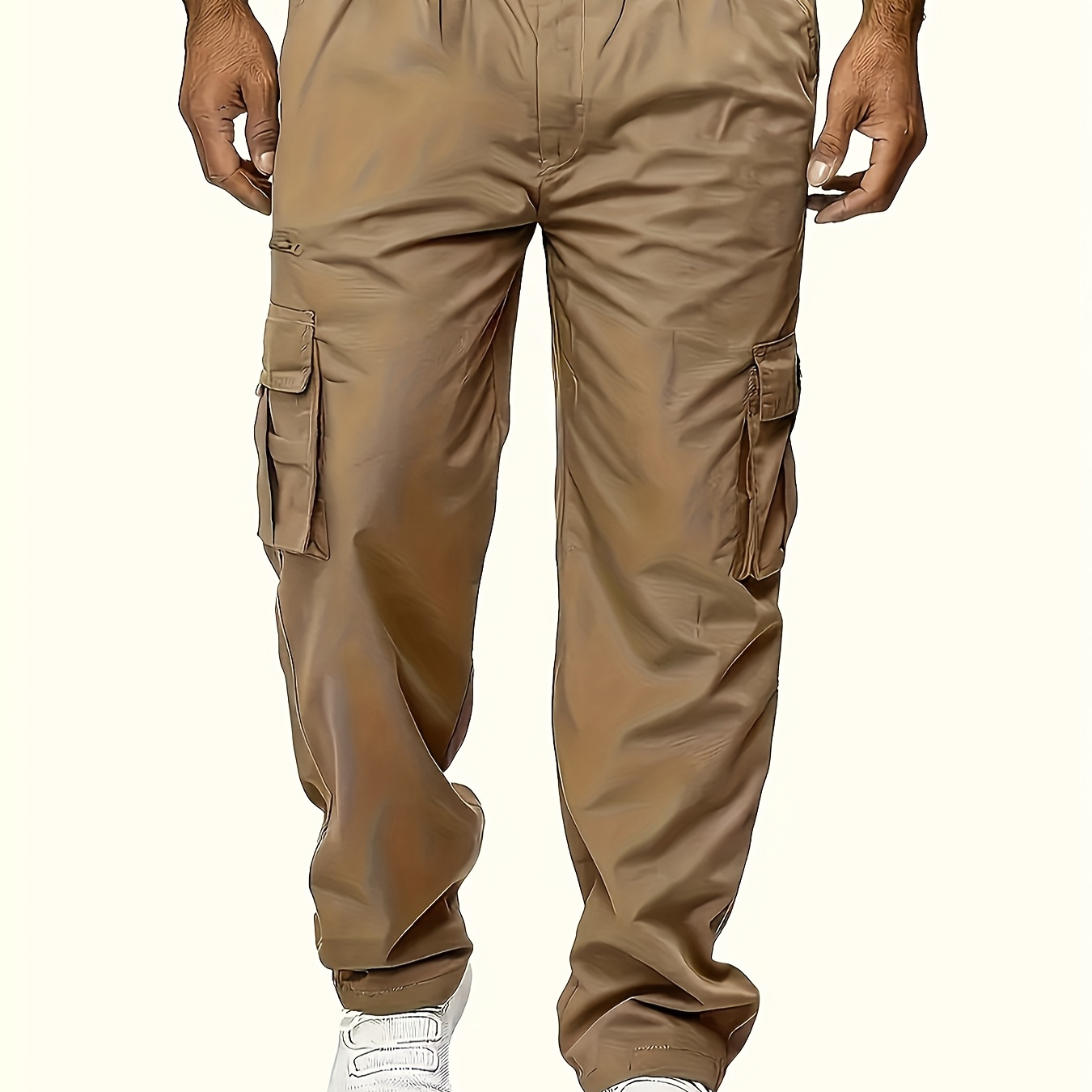 

1pc Men's Casual Cargo Pants - Solid Color Polyester, , Loose Fit, Slight Stretch, , Button Fly, Woven Fabric, Side Pockets, Regular Length - Fashionable For Weekend & Sports