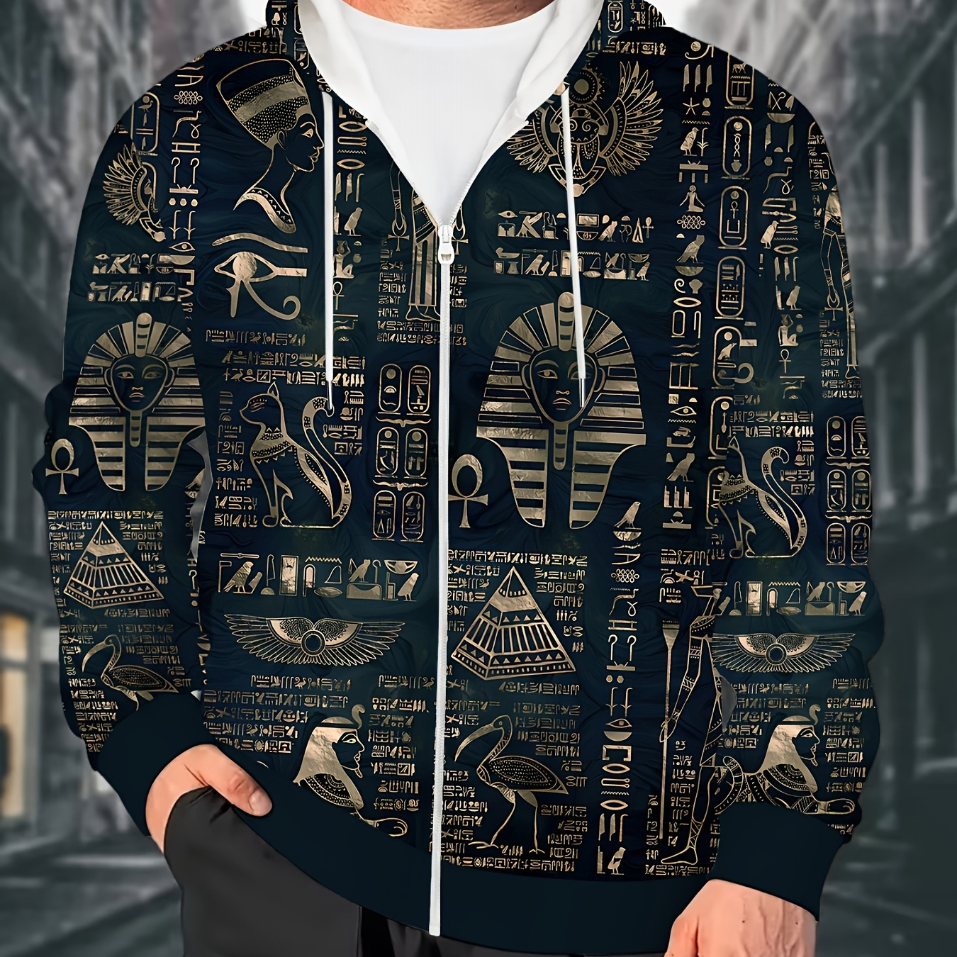 

Men's Egyptian Pharaoh Hieroglyphs Hoodie, Casual Polyester Athletic Jacket, Full-print, Regular Fit, Zippered, Spring/autumn, Knitted With Stretch Fabric