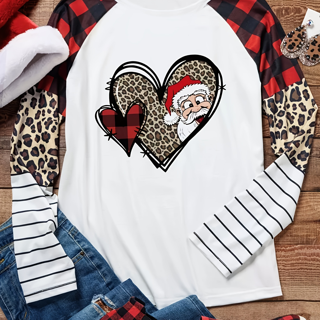 

Christmas Santa Striped Leopard Printed T-shirt, Casual Long Sleeve Crew Neck T-shirt, Women's Clothing