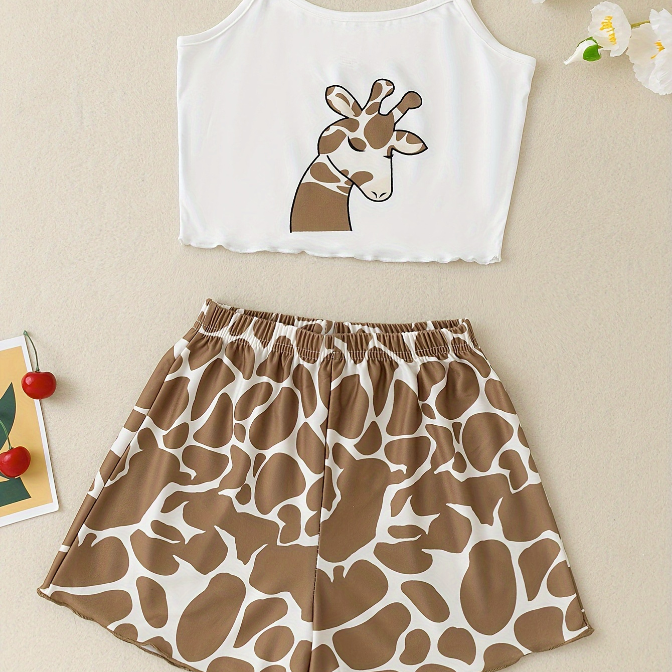 

2 Pcs Girls Cute Giraffe Camisole & Edges Shorts Pajama Set, Comfy& Skin-friendly Princess Pj Set, As Daily Gift