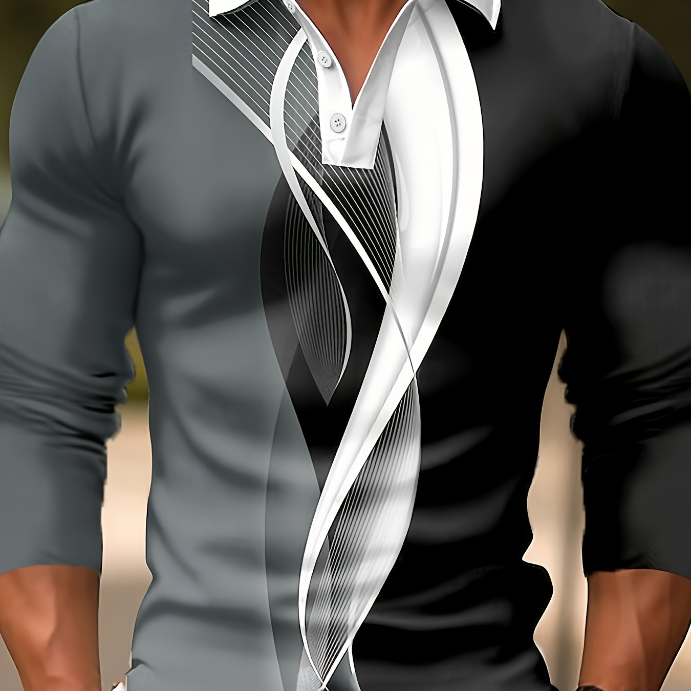 

Color Block Geometric Pattern Men's Chic Long Sleeve Lapel Shirt, Men's Spring Fall Street Style Top