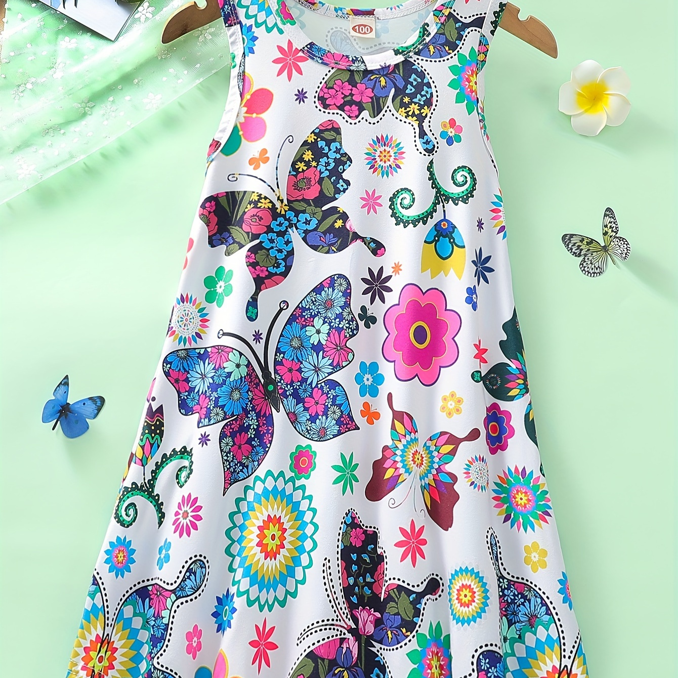 TEMU Girls Creative Butterfly Flowers Allover Print Round Neck Sleeveless Dress